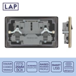 LAP  13A 2-Gang SP Switched Socket + 2.4A 12W 2-Outlet Type A & C USB Charger Antique Brass with Black Inserts