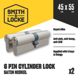Smith & Locke 1 Star 6-Pin Euro Double Cylinder Locks 45-45 (90mm) Silver 2 Pack