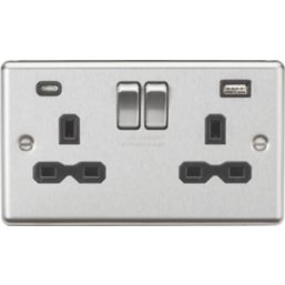 Knightsbridge  13A 2-Gang SP Switched Socket + 4.0A 20W 2-Outlet Type A & C USB Charger Brushed Chrome with Black Inserts