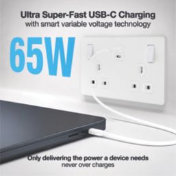 British General Evolve 13A 2-Gang SP Switched Socket + 3.25A 65W 2-Outlet Type C USB Charger Pearlescent White with White Inserts