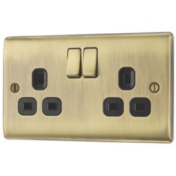 British General Nexus Metal 13A 2-Gang DP Switched Plug Socket Antique Brass  with Black Inserts
