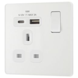 British General Evolve 13A 1-Gang SP Switched Socket + 3A 18W 2-Outlet Type A & C USB Charger Pearlescent White with White Inserts