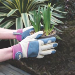 ClipGlove Leather Palm  Womens Goatskin Leather Gardening Gloves Blue / Cream Medium