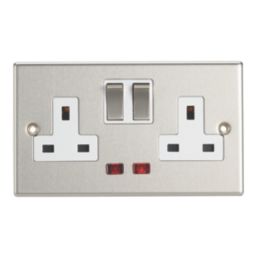 Contactum Iconic 13A 2-Gang DP Switched Socket Outlet Brushed Steel with Neon with White Inserts