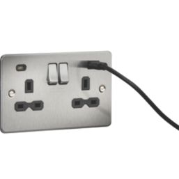 Knightsbridge  13A 2-Gang SP Switched Socket + 4.0A 20W 2-Outlet Type A & C USB Charger Brushed Chrome with Black Inserts