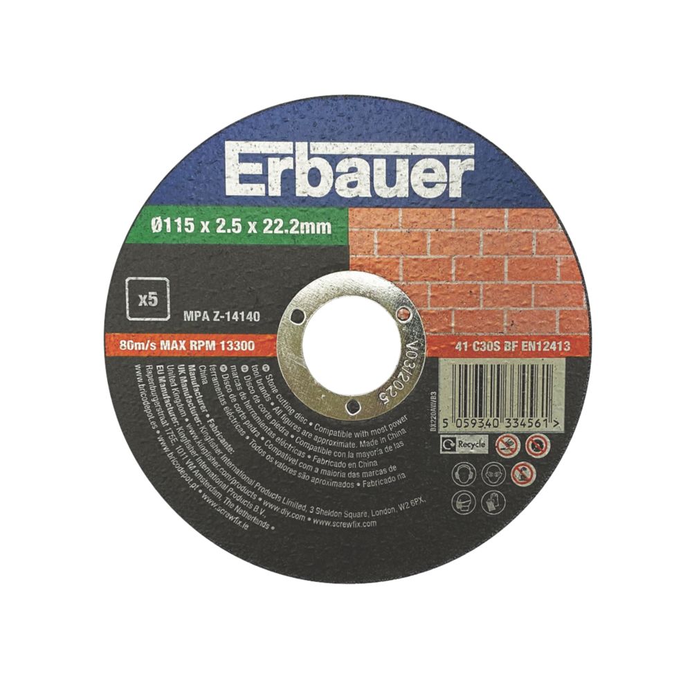 Erbauer Stone Cutting Discs 4 1/2" (115mm) x 2.5mm x 22.2mm 5 Pack