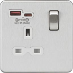 Knightsbridge  13A 1-Gang SP Switched Socket + 4.0A 20W 2-Outlet Type A & C USB Charger Brushed Chrome with White Inserts