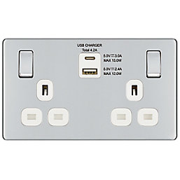 LAP  13A 2-Gang DP Switched Socket + 4.2A 15W 2-Outlet Type A & C USB Charger Polished Chrome with White Inserts