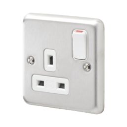 MK Contoura 13A 1-Gang DP Switched Plug Socket Brushed Stainless Steel  with White Inserts