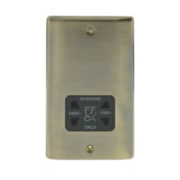 British General Nexus Metal 2-Gang Dual Voltage Shaver Socket 115 / 240V Antique Brass with Black Inserts