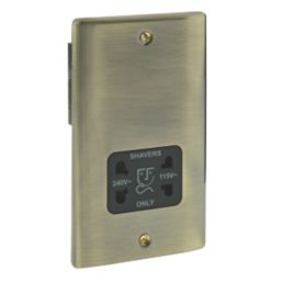 British General Nexus Metal 2-Gang Dual Voltage Shaver Socket 115 / 240V Antique Brass with Black Inserts