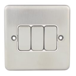 Hager Sollysta WRPS32BSW 10AX 3-Gang 2-Way Light Switch  Brushed Steel with White Inserts