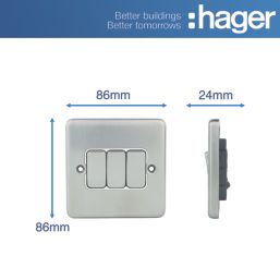Hager Sollysta WRPS32BSW 10AX 3-Gang 2-Way Light Switch  Brushed Steel with White Inserts