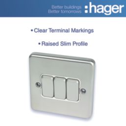 Hager Sollysta WRPS32BSW 10AX 3-Gang 2-Way Light Switch  Brushed Steel with White Inserts