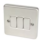 Hager Sollysta WRPS32BSW 10AX 3-Gang 2-Way Light Switch  Brushed Steel with White Inserts