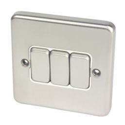 Hager Sollysta WRPS32BSW 10AX 3-Gang 2-Way Light Switch  Brushed Steel with White Inserts