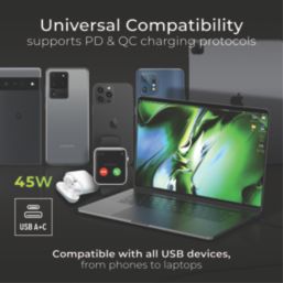 British General Evolve 13A 2-Gang SP Switched Socket + 3A 45W 2-Outlet Type A & C USB Charger Grey with Black Inserts