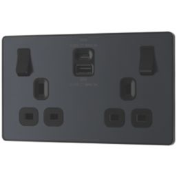British General Evolve 13A 2-Gang SP Switched Socket + 3A 45W 2-Outlet Type A & C USB Charger Grey with Black Inserts