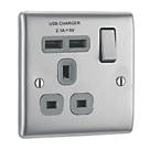 British General Nexus Metal 13A 1-Gang SP Switched Socket + 2.1A 10.5W 2-Outlet Type A USB Charger Brushed Steel with Graphite Inserts