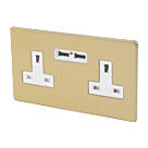 Varilight  13AX 2-Gang Unswitched Socket + 2.1A 10.5W 2-Outlet Type A USB Charger Brushed Brass with White Inserts