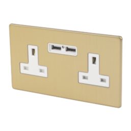 Varilight  13AX 2-Gang Unswitched Socket + 2.1A 10.5W 2-Outlet Type A USB Charger Brushed Brass with White Inserts