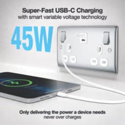 British General Nexus Metal 13A 2-Gang SP Switched Socket + 3.25A 45W 2-Outlet Type C USB Charger Polished Chrome with White Inserts