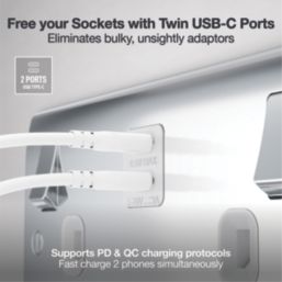 British General Nexus Metal 13A 2-Gang SP Switched Socket + 3.25A 45W 2-Outlet Type C USB Charger Polished Chrome with White Inserts