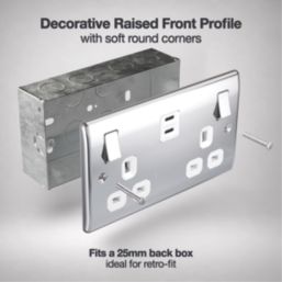British General Nexus Metal 13A 2-Gang SP Switched Socket + 3.25A 45W 2-Outlet Type C USB Charger Polished Chrome with White Inserts