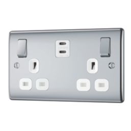 British General Nexus Metal 13A 2-Gang SP Switched Socket + 3.25A 45W 2-Outlet Type C USB Charger Polished Chrome with White Inserts