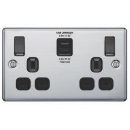 LAP  13A 2-Gang SP Switched Socket + 4.2A 15W 2-Outlet Type A & C USB Charger Polished Chrome with Black Inserts
