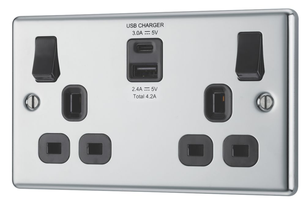 LAP 13A 2-Gang SP Switched Socket + 4.2A 2-Outlet Type A & C USB ...