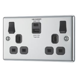 LAP  13A 2-Gang SP Switched Socket + 4.2A 15W 2-Outlet Type A & C USB Charger Polished Chrome with Black Inserts