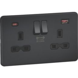 Knightsbridge  13A 2-Gang DP Switched Socket + 2.25A 45W 2-Outlet Type A & C USB Charger Anthracite with Black Inserts