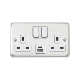 MK Contoura 13A 2-Gang DP Switched Socket + 3A 15.5W 2-Outlet Type A & C USB Charger Brushed Stainless Steel with White Inserts