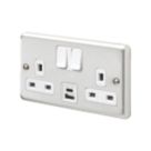 MK Contoura 13A 2-Gang DP Switched Socket + 3A 15.5W 2-Outlet Type A & C USB Charger Brushed Stainless Steel with White Inserts