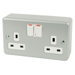 MK Metalclad Plus 13A 2-Gang DP Switched Metal Clad Plug Socket  with White Inserts