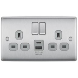 British General Nexus Metal 13A 2-Gang SP Switched Socket + 2.4A 12W 2-Outlet Type A & C USB Charger Brushed Steel with Grey Inserts