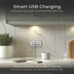 British General Nexus Metal 13A 2-Gang SP Switched Socket + 2.4A 12W 2-Outlet Type A & C USB Charger Brushed Steel with Grey Inserts