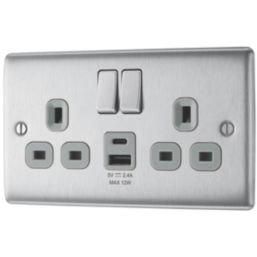 British General Nexus Metal 13A 2-Gang SP Switched Socket + 2.4A 12W 2-Outlet Type A & C USB Charger Brushed Steel with Grey Inserts