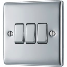 British General Nexus Metal 10AX 3-Gang 2-Way Light Switch  Polished Chrome