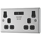 LAP  13A 2-Gang SP Switched Socket + 3.1A 2-Outlet Type A USB Charger Brushed Stainless Steel with Black Inserts