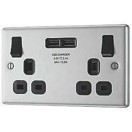 LAP  13A 2-Gang SP Switched Socket + 3.1A 15.5W 2-Outlet Type A USB Charger Brushed Stainless Steel with Black Inserts