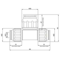 Flomasta  Plastic Push-Fit Reducing Tee 15mm x 15mm x 22mm