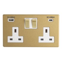 Contactum Lyric 13A 2-Gang DP Switched Socket + 4.8A 24W 2-Outlet Type A & C USB Charger Brushed Brass with White Inserts