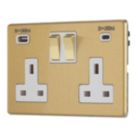 Contactum Lyric 13A 2-Gang DP Switched Socket + 4.8A 24W 2-Outlet Type A & C USB Charger Brushed Brass with White Inserts