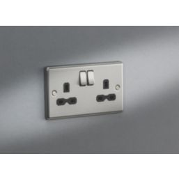 Knightsbridge  13A 2-Gang DP Switched Double Socket Brushed Chrome  with Black Inserts