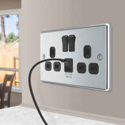 LAP  13A 2-Gang SP Switched Socket + 2.4A 12W 2-Outlet Type A & C USB Charger Polished Chrome with Black Inserts