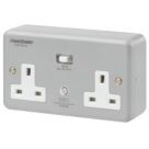 PowerBreaker  13A 2-Gang Unswitched Metal Clad Passive RCD Socket with Neon with White Inserts