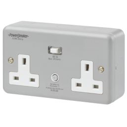 PowerBreaker  13A 2-Gang Unswitched Metal Clad Passive RCD Socket with Neon with White Inserts