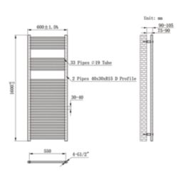 Flomasta 1600mm x 600mm 2784BTU Anthracite Flat  Towel Radiator